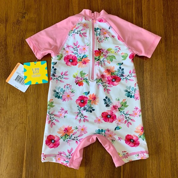 LITTLE ME Baby Girls RashGuard Swimsuit 12 mos NEW Pink Floral Infant Girl NWT - Picture 2 of 6